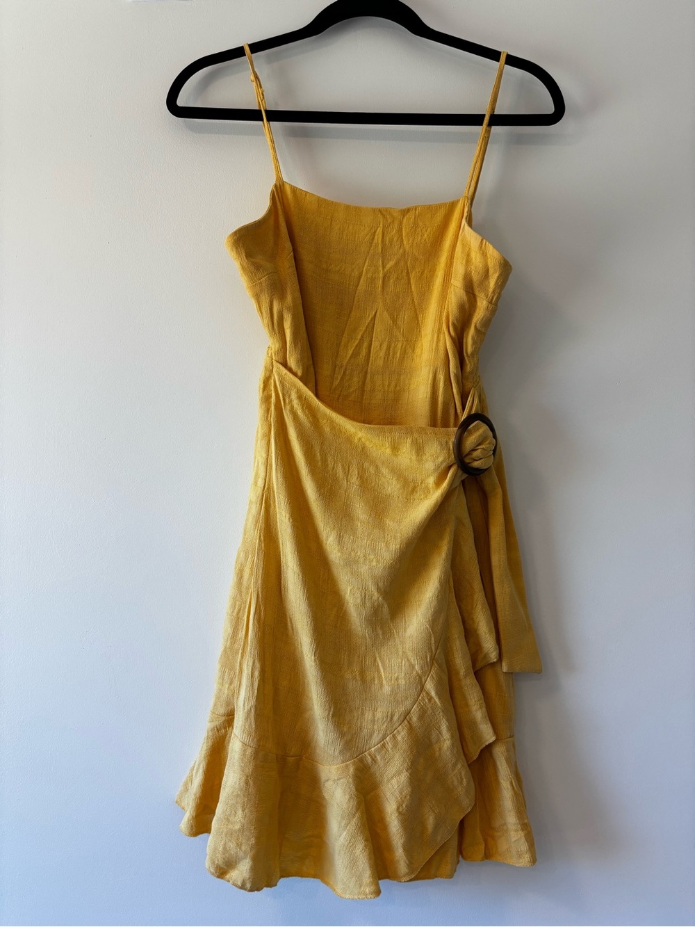 American Eagle Yellow Textured Crepe Mini Dress with Buckle - Medium